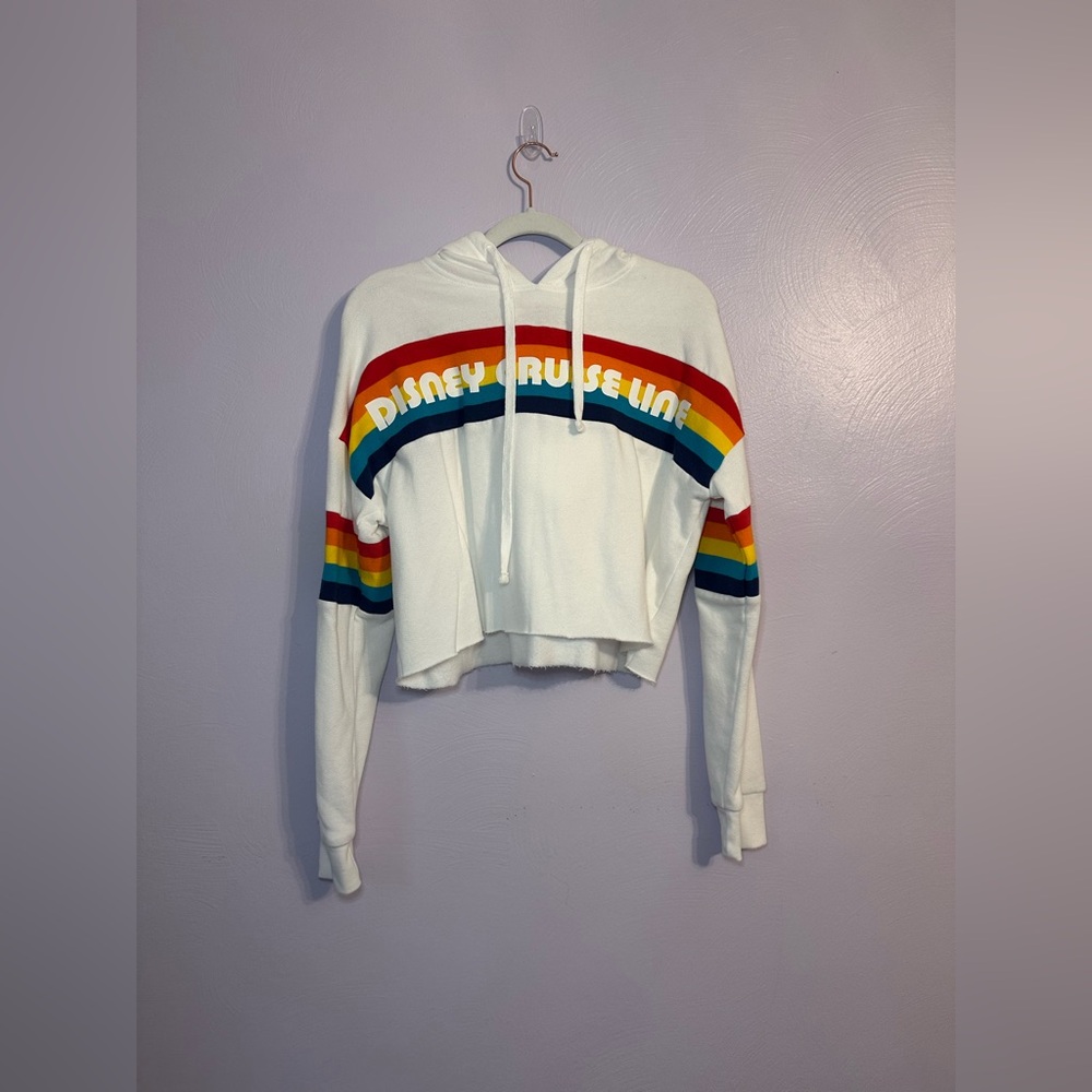 Disney Cruise Line Cropped White Sweatshirt Hoodie with Rainbow Stripes Size XS